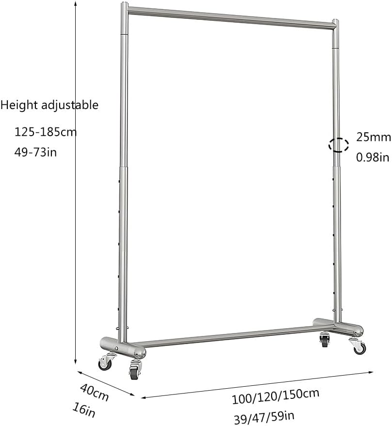 Heavy Duty Clothes Rack on Wheels, Freestanding Height Adjustable Rolling Garment Rack for Hanging Clothes, Coats, Skirts, Shirts(100cm/39in)