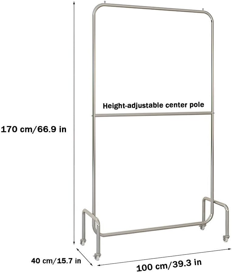 Doubl Rod Clothes Rack with Wheels, Height-adjustable Center Pole, Silver Stainless Steel Garment Rack for Shirts, Coats, Jackets(100 x 40 x 170 cm)
