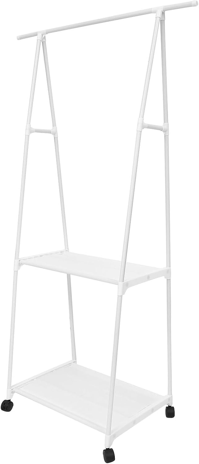 Modern White Iron Garment Rack with Wheels Floor Standing Clothes Display Shelf for Bedroom Storage Sturdy Open Design Suitable for Hanging Pants Shirts Sweaters