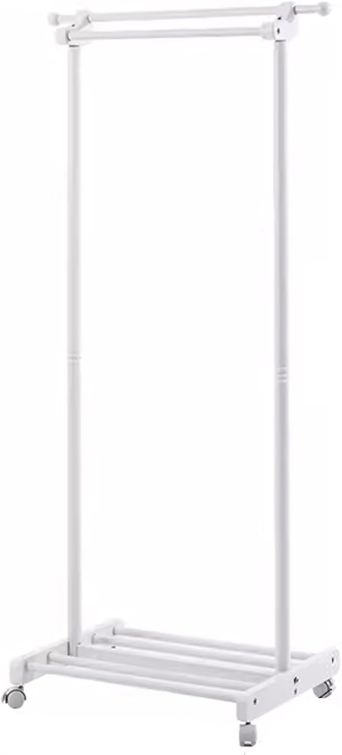 Heavy duty Garment rack Double Rail Clothing Rack For Hanging Clothes, Freestanding Solid Wood Coat Rack With Shelves And 2 Hooks, Space Saving Clothes Organizer For Bedroom And Living Room (White )