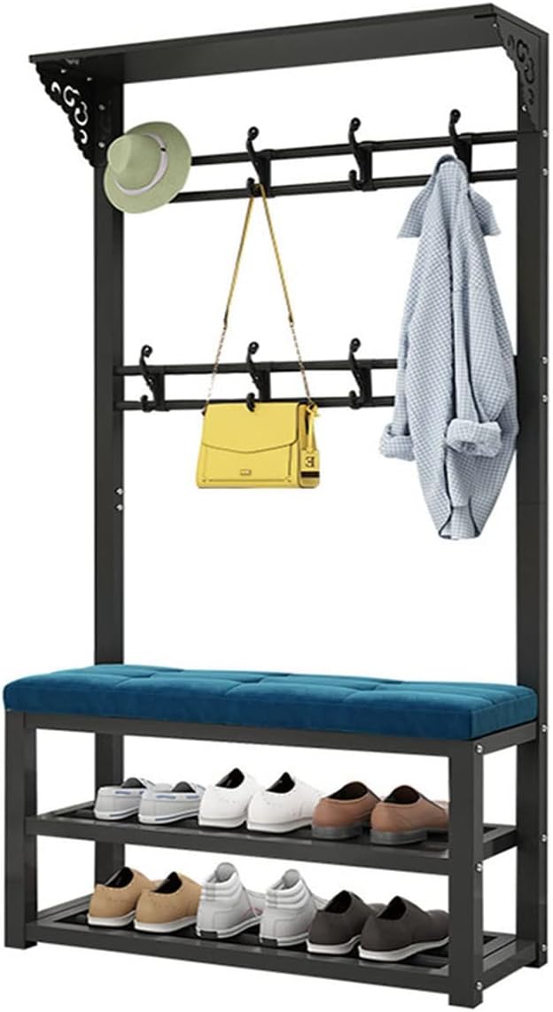 Exquisite Clothes Rail Rack Freestanding Garment Rack with 8 Hooks Coat Rack with Shoe Shelf Bench Industrial Hat Handbag Hanger for Narrow Hallway and Bedroom (Color : White grey, Size : 80
