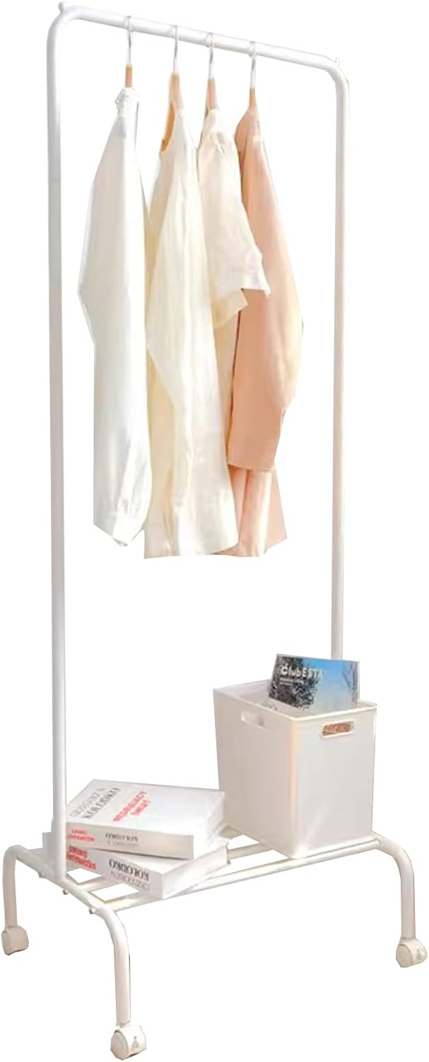Heavy Duty Coat Rack, Garment Rack Portable Clothing Rack with Locking Wheels, Metal Clothes Rail, Freestanding Coat Rack with Shelves, Space Saving Clothes Organizer for Living Room (White)