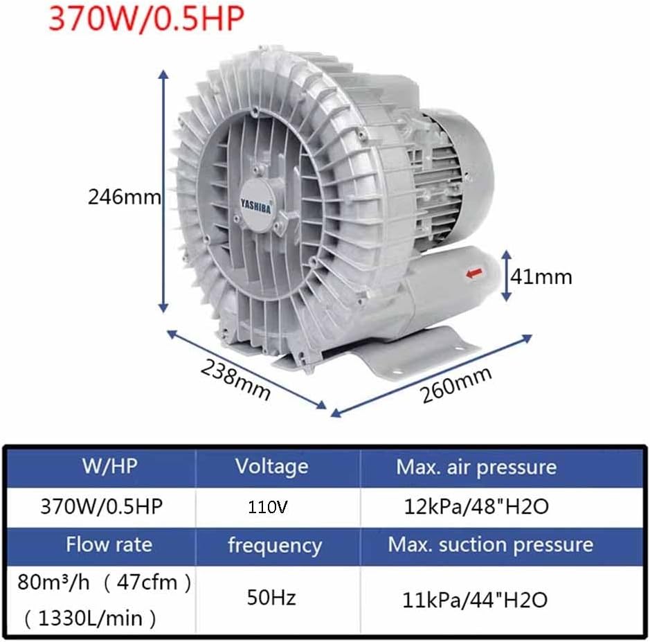 Regenerative Blower 50Hz High Pressure Ring Blower Fish Pond Centrifugal Blower Aluminum Alloy Single Phase 110v Vortex Blower, for Sewage Aeration 0.24HP/0.5HP/1.01HP/1.49HP(370W/0.5HP)