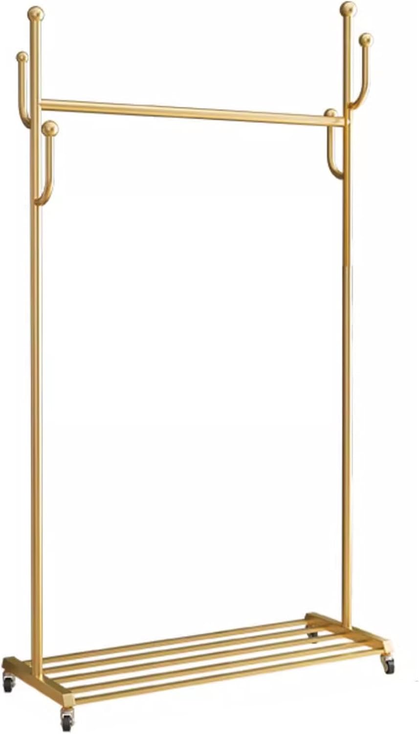Heavy Duty Coat Rack, Garment Rack Modern Golden Clothing Rack On Wheel, Freestanding Metal Coat Rack with Hooks and Shelves, Space-Saving Coats Hanger Stand for Hanging Clothes (100X33X170CM)