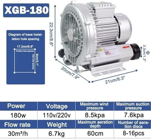 50Hz 220V Single Phase Regenerative Blower, High Efficiency Vortex Ring Blower for Waste Water Aeration, Fish Pond and Aquarium, 370W 0.50HP