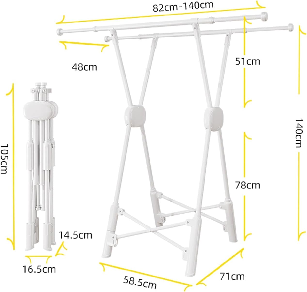 Outdoor Clothes Drying Rack - Adjustable & Foldable Metal Garment Rack for Hanging Shirts, Coats, Skirts & Sweaters - Versatile Bedroom & Closet Organizer (White)