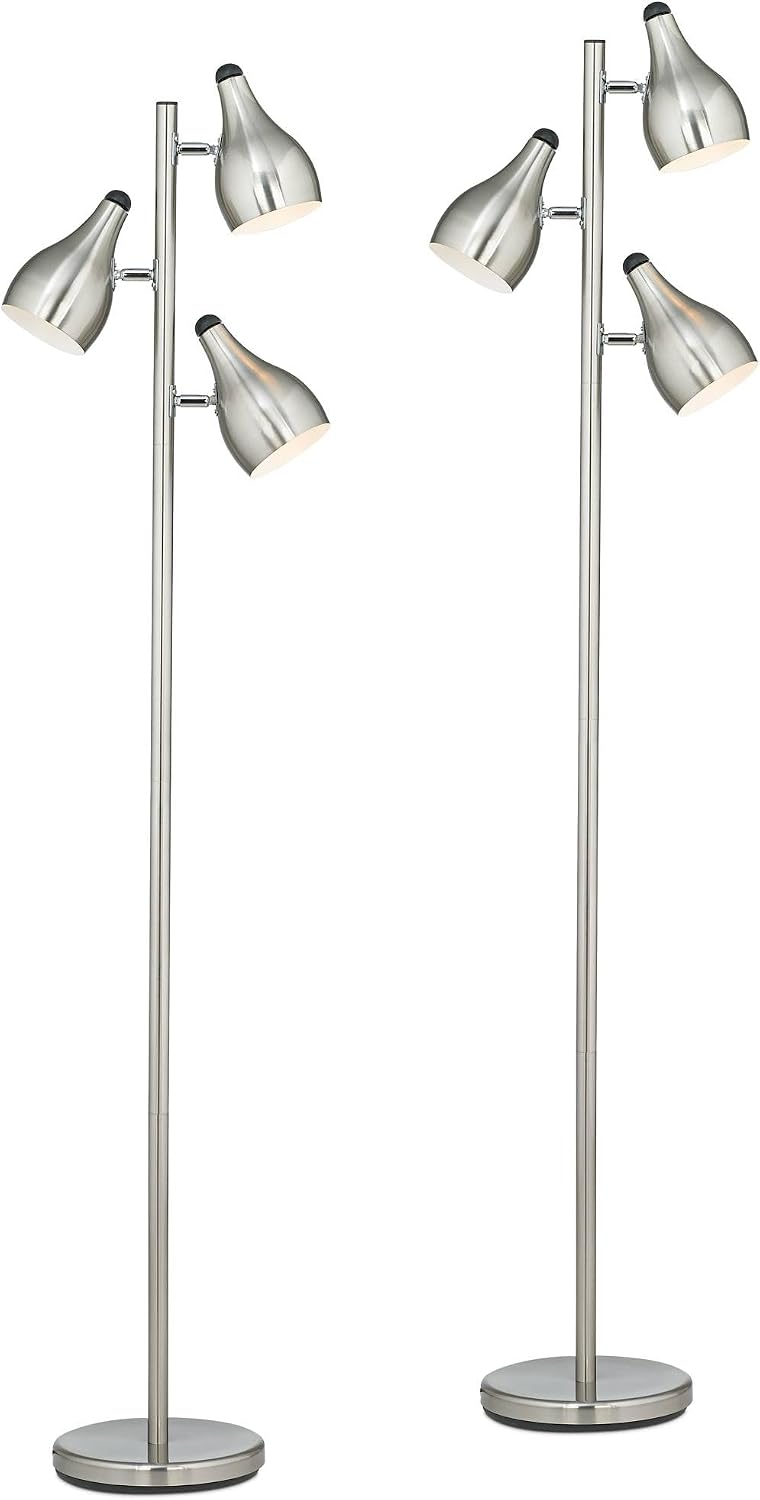 360 Lighting Trac Modern 64' Tall Standing Floor Lamps Set of 2 Lights Tree-Style Task 3-Light Adjustable Silver Metal Brushed Steel Finish Living Room Bedroom House Reading Office Home Decor Dining