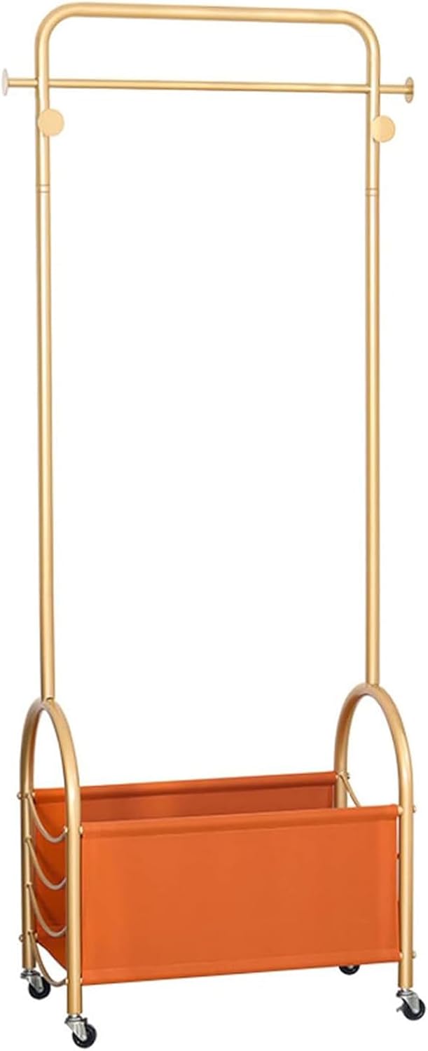 Heavy duty Garment rack Gold Metal Clothing Rack For Hanging Clothes With 7 Hooks, Freestanding Rolling Coat Rack With PU Storage Basket, Clothes Organizer Storage On Wheels For Laundry Hallway Bedro