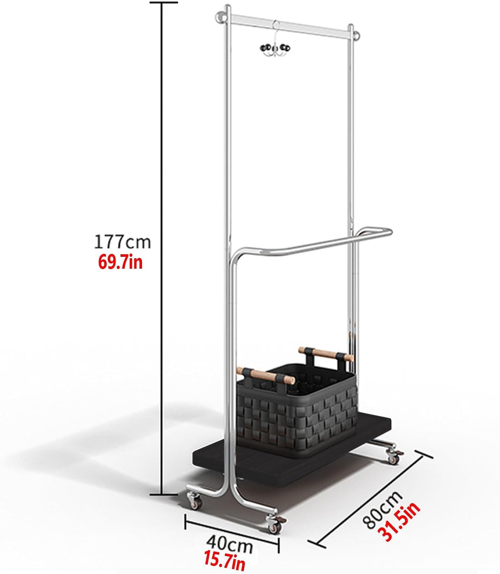 Double-Rod Stainless Steel Garment Rack,Clothes Racks With 4 Wheels,Portable,Solid Wood Shelf At Bottom,Can Hang Coats,Dresses,Shirts,Bags,Scarves(80cm/31.5in)
