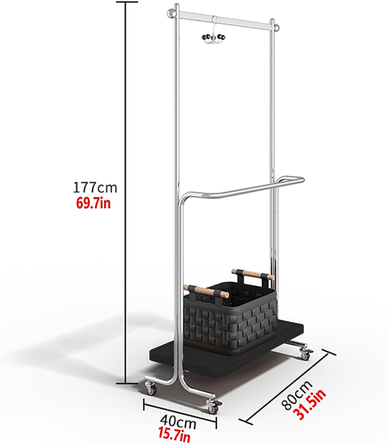 Double-Rod Stainless Steel Garment Rack,Clothes Racks With 4 Wheels,Portable,Solid Wood Shelf At Bottom,Can Hang Coats,Dresses,Shirts,Bags,Scarves(80cm/31.5in)