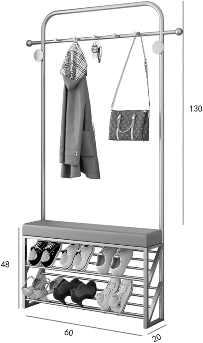 Generic Exquisite Clothes Rail Rack Freestanding Garment Rack With 8 Hooks Coat Rack With Shoe Shelf And Bench Hat Handbag Hanger For Narrow Hallway And Bedroom (Color : GoldB, Size : 60 * 20 * 178c