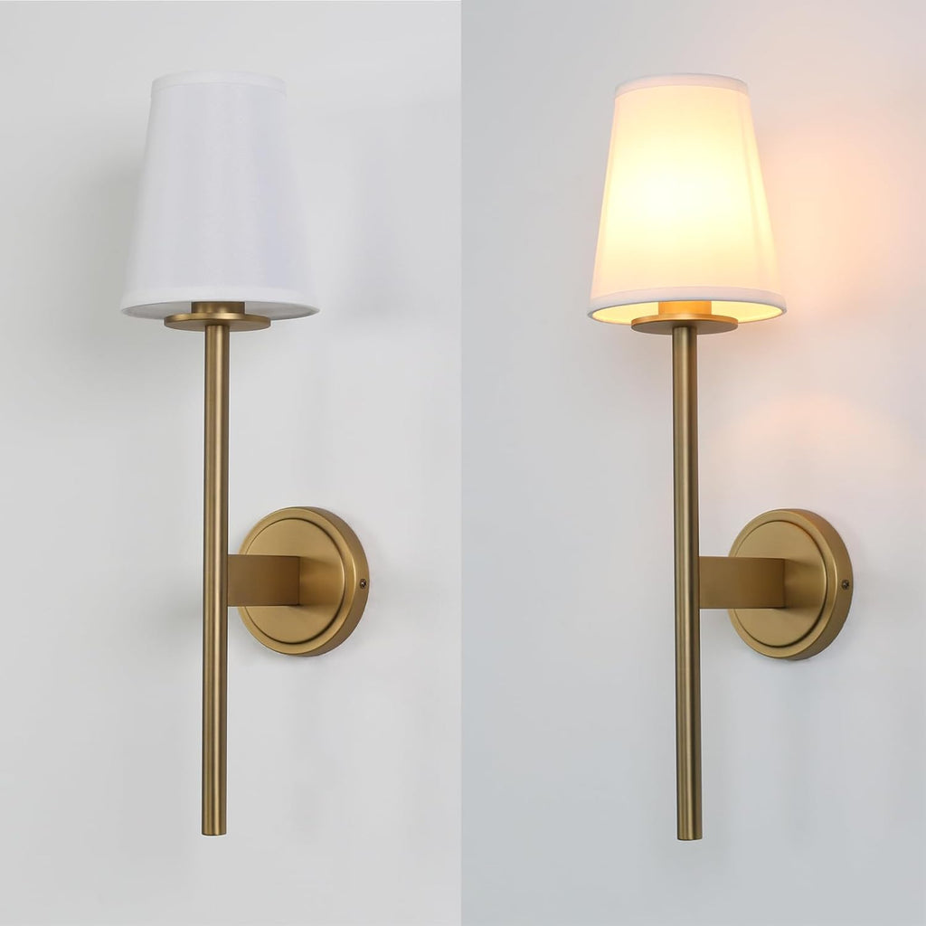 PERMO Set of 2 Modern Classy Vintage Wall Sconce with Flared White Textile Lamp Shade Living Room Bedside Reading Fireplace Area Wall Light Fixture (Antique)
