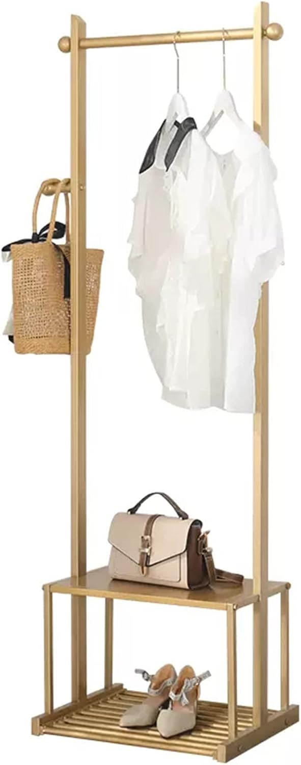 Heavy Duty Garment Rack Clothing Rack with 2 Tier Bottom Shelves, Metal Clothes Rail for Bedroom and Office, Freestanding Clothes Organizer for Hanging Clothes, Space Saving (Gold 80X40X165CM)