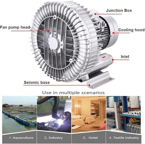 50Hz 220V Single Phase Regenerative Blower, High Efficiency Vortex Ring Blower for Waste Water Aeration, Fish Pond and Aquarium, 370W 0.50HP