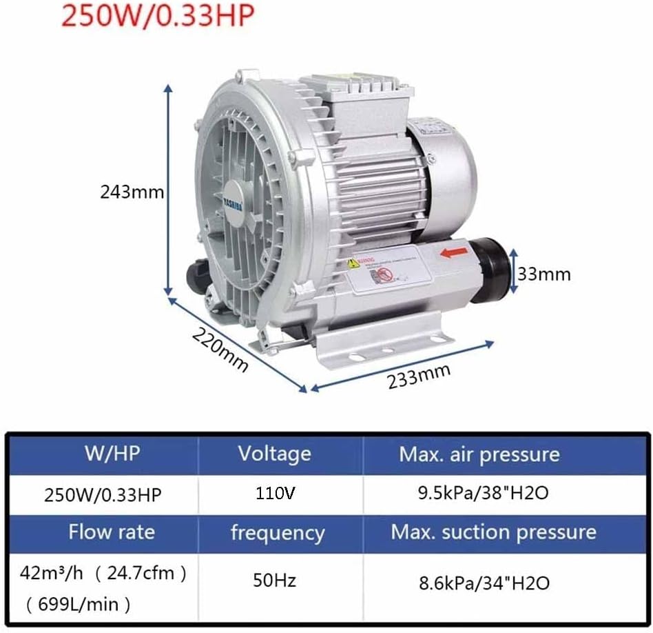 Regenerative Blower 50Hz High Pressure Ring Blower Fish Pond Centrifugal Blower Aluminum Alloy Single Phase 110v Vortex Blower, for Sewage Aeration 0.24HP/0.5HP/1.01HP/1.49HP(250W/0.33HP)