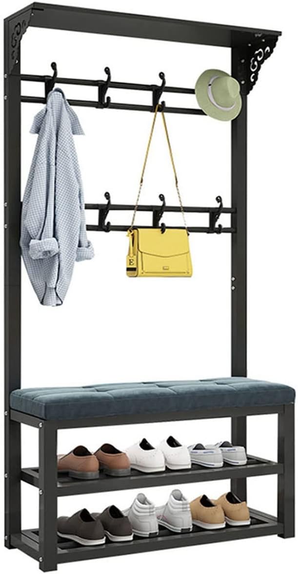 Generic Exquisite Clothes Rail Rack Freestanding Garment Rack with 8 Hooks Coat Rack with Shoe Shelf Bench Industrial Hat Handbag Hanger for Narrow Hallway and Bedroom (Color : White grey, Size : 80