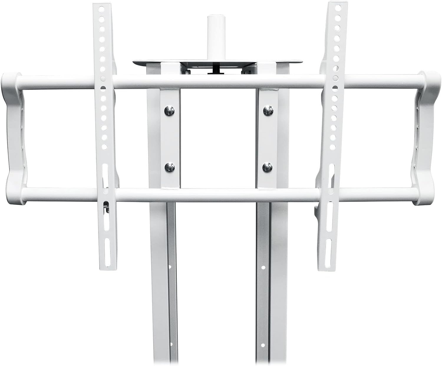 Rockville RTP33-TV Pro White Totem Stand 220 lbs DJ Speaker/Lighting/TV Mount, Detachable TV Mount, Adjustable 39-69 inch Height, Black/White Scrims, for DJs and Event Planners, 2-Piece