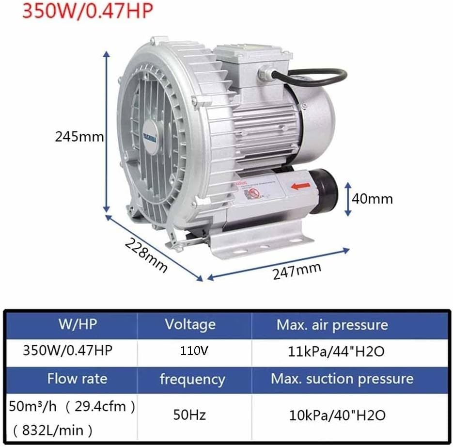 Regenerative Blower Vortex Gas Pump 110V 50Hz Single Phase, Low Noise High-Pressure Industrial Vacuum Pump for Air Blowing Or Suction, 0.47HP 0.5HP 0.74HP 1.01HP 1.49HP(350W/0.47HP)