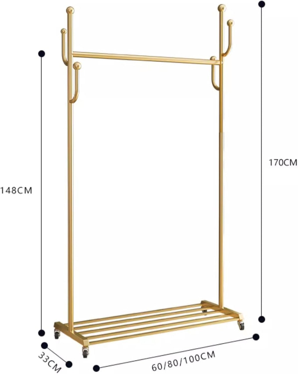 Heavy Duty Coat Rack, Garment Rack Modern Golden Clothing Rack On Wheel, Freestanding Metal Coat Rack with Hooks and Shelves, Space-Saving Coats Hanger Stand for Hanging Clothes (100X33X170CM)
