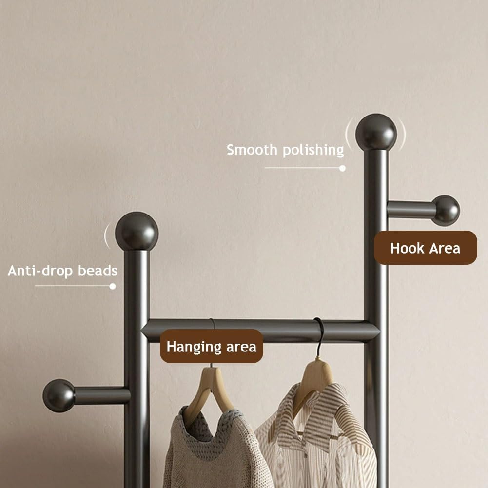 Black Steel Clothes Rail Load 110 LBS, Freestanding Bedroom Garment Rack with 5 Hooks for Coats, Jackets, Shirts, Dress Saving Space(Beige)