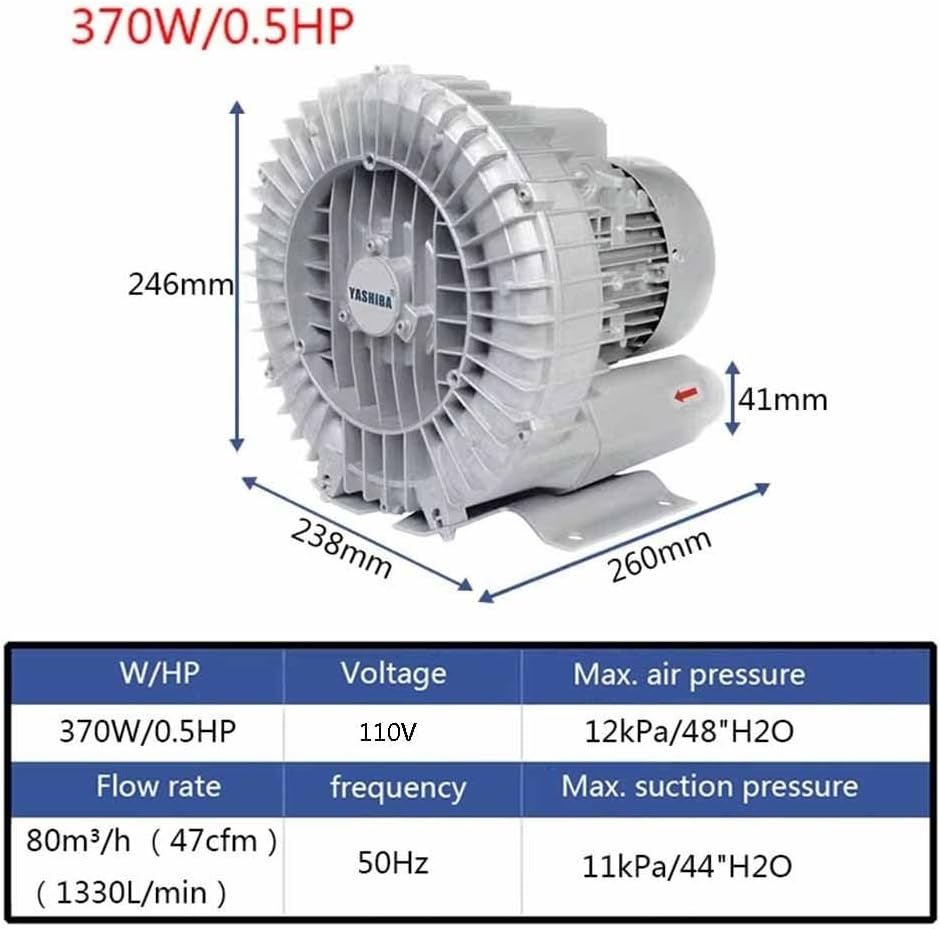 Regenerative Blower Vortex Gas Pump 110V 50Hz Single Phase, Low Noise High-Pressure Industrial Vacuum Pump for Air Blowing Or Suction, 0.47HP 0.5HP 0.74HP 1.01HP 1.49HP(370W/0.5HP)
