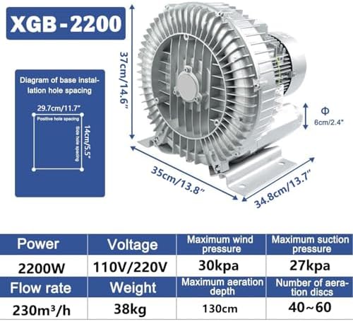 50Hz 220V Single Phase Regenerative Blower, High Efficiency Vortex Ring Blower for Waste Water Aeration, Fish Pond and Aquarium, 370W 0.50HP
