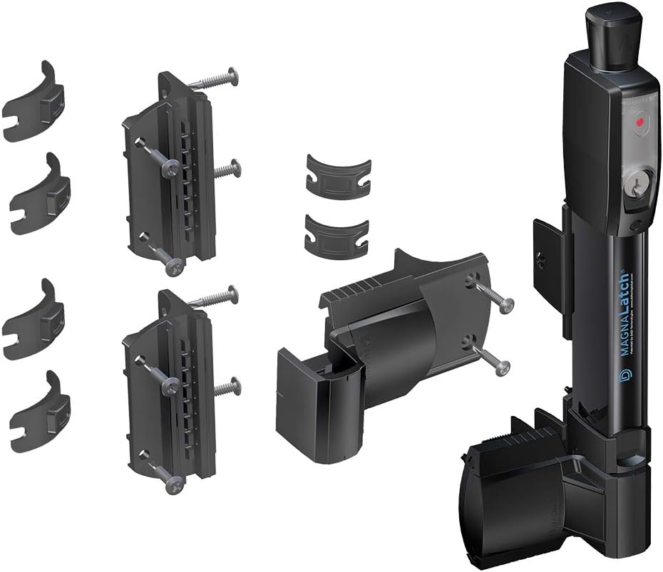D&D Technologies ML3VPKA+ML3RPK MagnaLatch Vertical Pull 12-inch Gate Latch with Round Post Adaptor Kit for Round Posts, Child & Pet Safety Magnetic Gate Latch, Weather-Resistant Hardware, Black