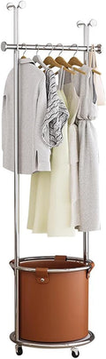 Heavy duty Garment rack Silver Stainless Steel Clothing Rack With PU Storage Box And Hooks, Freestanding Clothes Organizer On Wheels, Multi-Functional Coat Rack For Bedroom And Hallwa (Silver+brown )