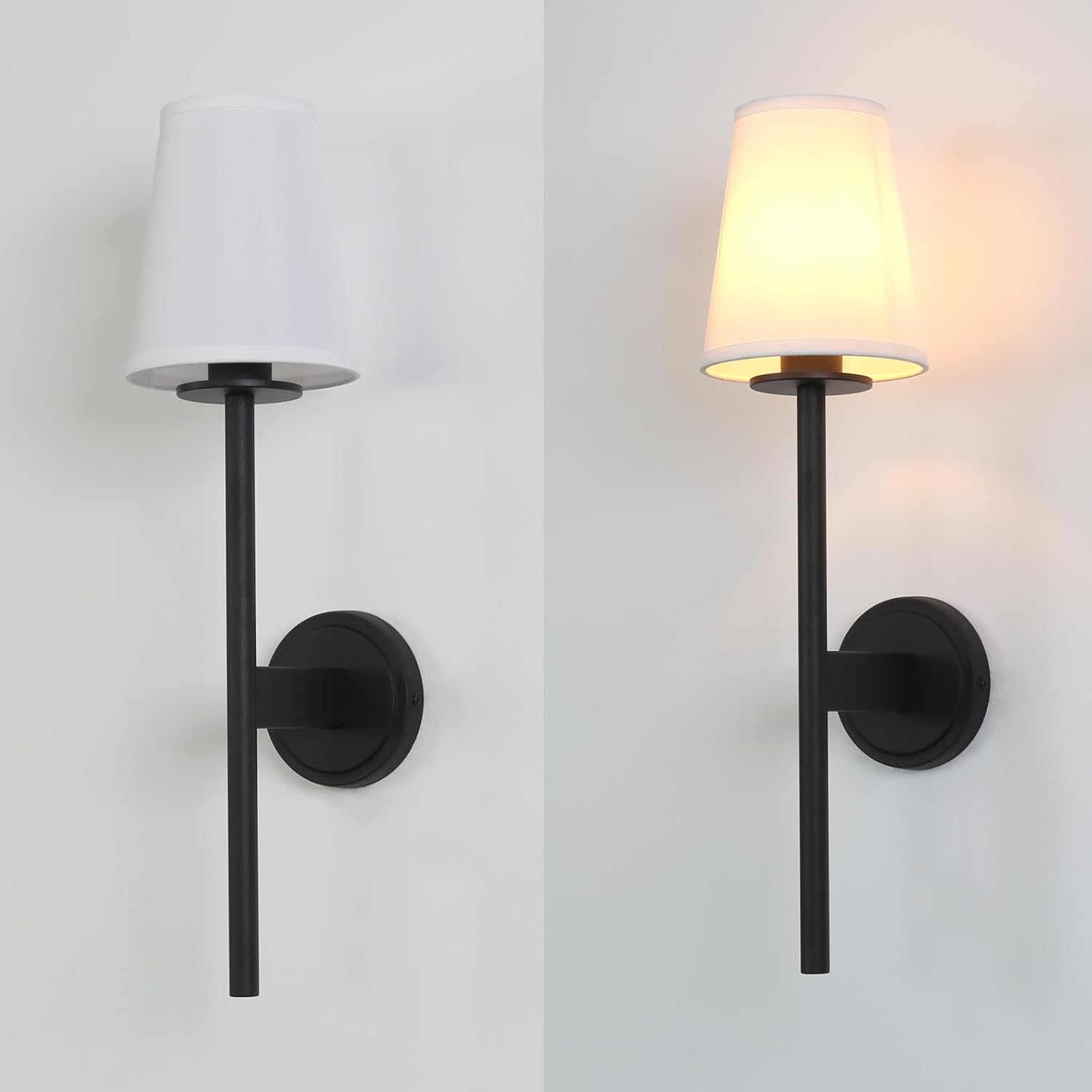 PERMO Set of 2 Modern Classy Vintage Wall Sconce with Flared White Textile Lamp Shade Living Room Bedside Reading Fireplace Area Wall Light Fixture (Black)