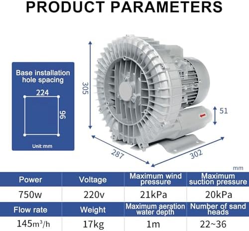 Single & Three Phase Vortex Ring Blower, 220V/380V Regenerative Vacuum Pump, Industrial Side Channel Blower for Factory Ventilation & Dust Removal (250W/380V)