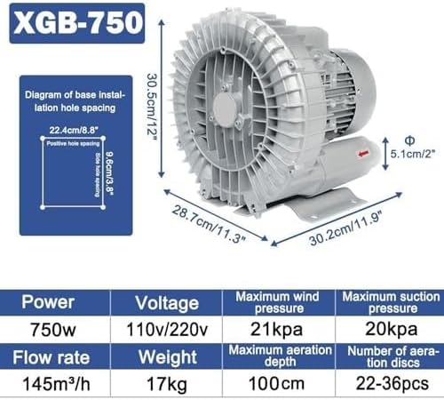50Hz 220V Single Phase Regenerative Blower, High Efficiency Vortex Ring Blower for Waste Water Aeration, Fish Pond and Aquarium, 370W 0.50HP