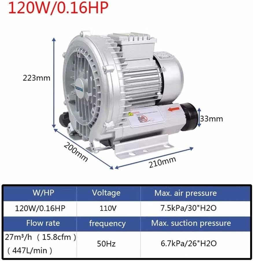 Regenerative Blower 0.5HP 110V Single Phase Aluminum Alloy High-Pressure Vortex Ring Blower Industrial Vacuum Pump for Air Blowing