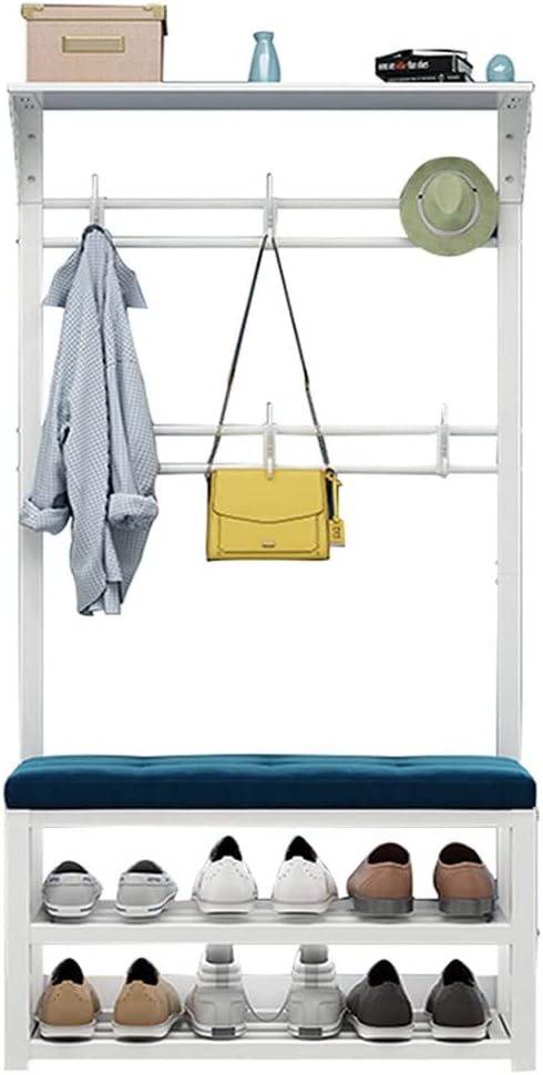 Exquisite Clothes Rail Rack Coat Rack with Shoe Shelf Bench, Freestanding Garment Rack with 8 Hooks Industrial Hat Handbag Hanger for Narrow Hallway, Bedroom (Color : WHITE, Size : 80x30x172