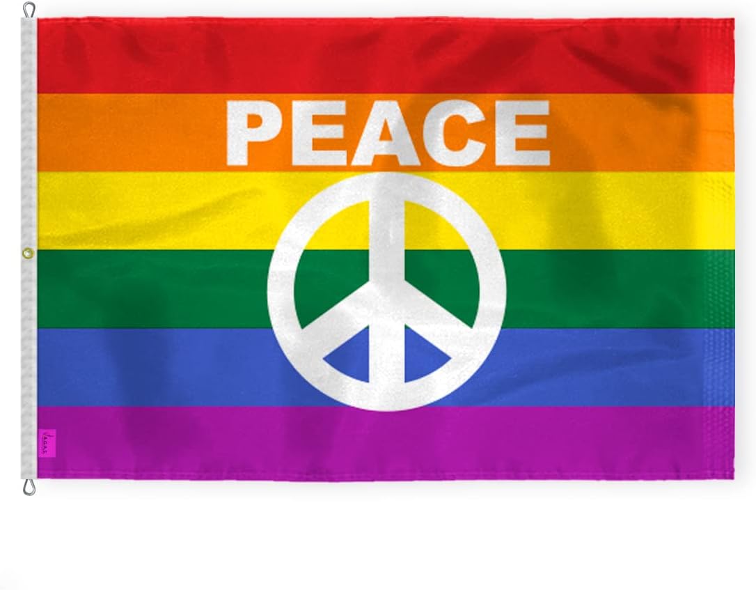 AGAS Large Rainbow Peace Sign Pride Flag 8x12 Ft - Printed 200D Nylon - Rope Thimble Brass Grommet Stitched Edges Fade Proof Sharp Colors - Large Size Indoor/Outdoor Peace Symbol Pride flag