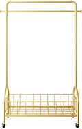 Heavy Duty Coat Rack, Garment Rack Metal Clothing Rack for Hanging Clothes On Wheels Space Saving Coat Rack with Storage Basket and 2 Hooks Freestanding Clothes Organizer (Gold 120X30X160CM)