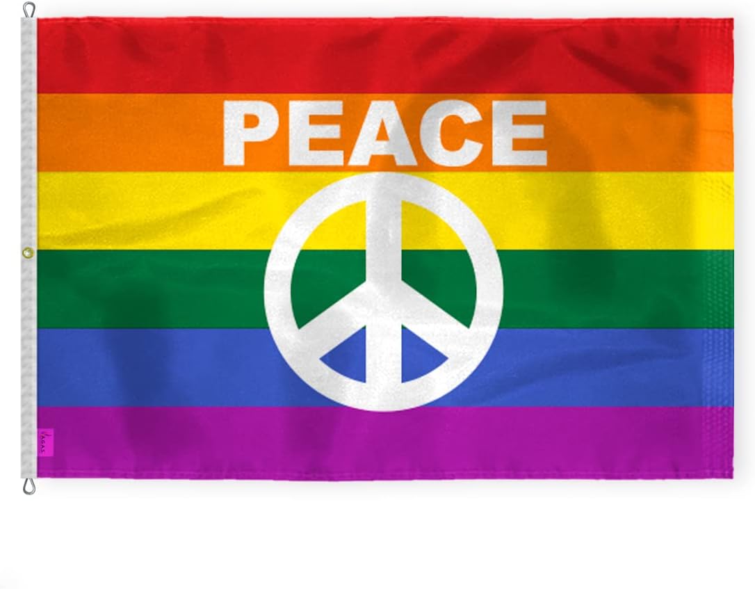 AGAS Large Rainbow Peace Sign Pride Flag 10x15 Ft - Printed 200D Nylon - Rope Thimble Brass Grommet Stitched Edges Fade Proof Sharp Colors - Big Size Peace Symbol Pride flag