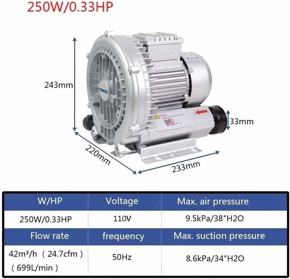 High-Pressure Regenerative Blower 110V 50Hz, Industrial Vacuum Pump for Pond Aeration & Air Blowing, Single Phase Vortex Blower for Aquaculture & Fish Farming