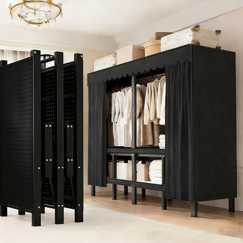 49.2in Heavy Duty Clothes Rack with Black Cover Foldable Covered Clothes Rack for Hanging Clothes Portable Wardrobe Closet System Freestanding Coat Storage Garment Racks for Bedroom (Black, 49.2in)