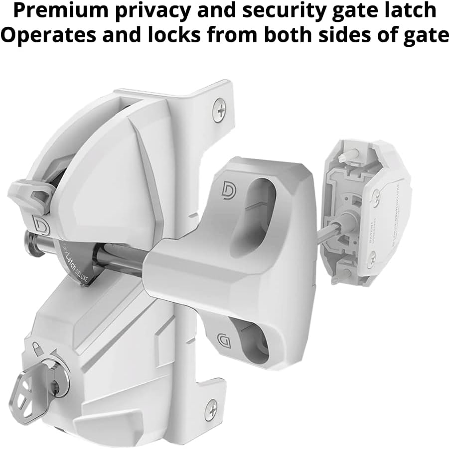 D&D Technologies LLD3KDWT LokkLatch Deluxe Series 3, Premium Privacy and Security Gate Latch, Key Lockable on Both Sides of Gate, for Square Gate Frame and Post, Metal, Wood, Vinyl Fences, White