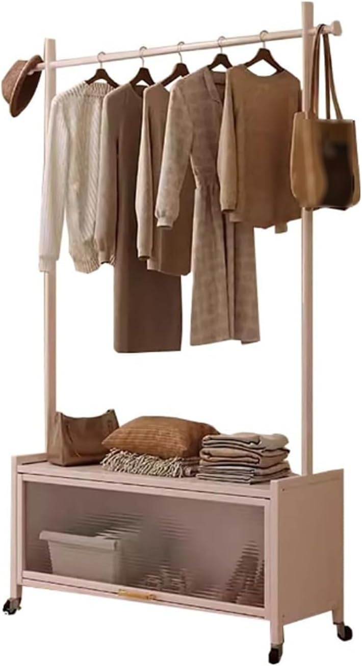 Metal Clothes Rack Nordic Modern Clothing Rack w/Lockable Wheels & Storage Cabinet Heavy Duty Metal Wardrobe Garment Rack for Hanging Shirts Jackets Pants