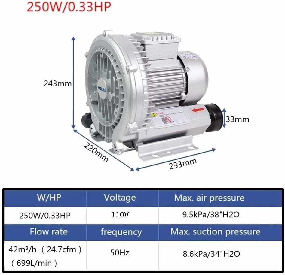 Regenerative Blower Vortex Gas Pump 110V 50Hz Single Phase, Low Noise High-Pressure Industrial Vacuum Pump for Air Blowing Or Suction, 0.47HP 0.5HP 0.74HP 1.01HP 1.49HP(250W/0.33HP)