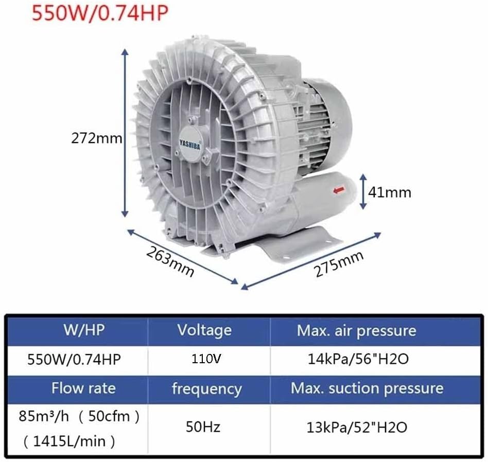 Regenerative Blower Vortex Gas Pump 110V 50Hz Single Phase, Low Noise High-Pressure Industrial Vacuum Pump for Air Blowing Or Suction, 0.47HP 0.5HP 0.74HP 1.01HP 1.49HP(550W/0.74HP)