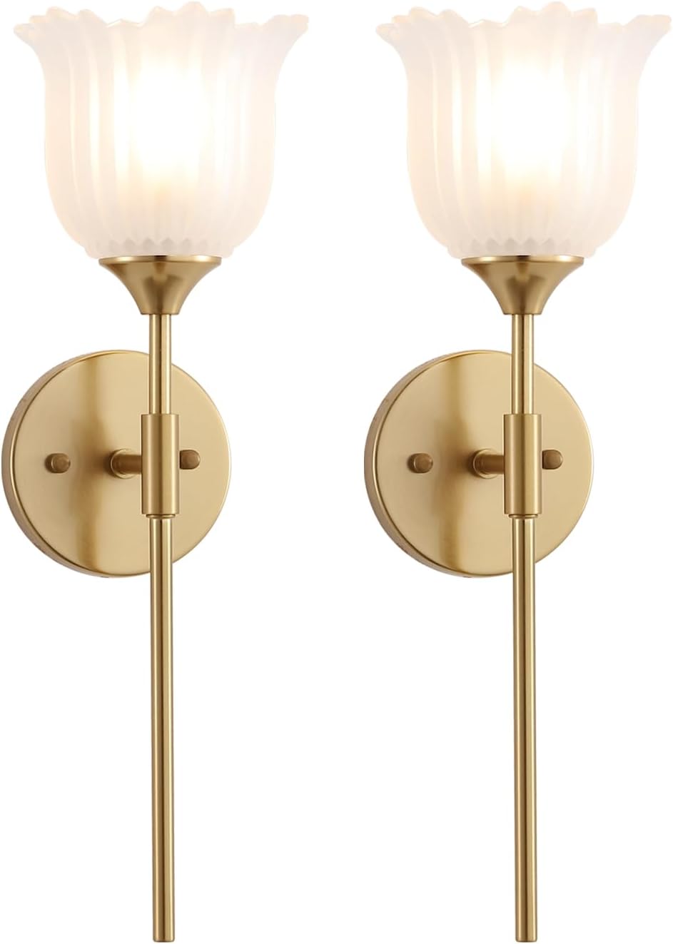 BYOLIIMA Gold Wall Sconce Set of 2 with Frosted Glass Shades Modern Mid Century Bathroom Vanity Wall Light Fixtures Industrial Brushed Brass Wall Lamp for Bedroom Mirror Living Room Restaurant