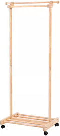 Heavy duty Garment rack Double Rail Clothing Rack For Hanging Clothes, Freestanding Solid Wood Coat Rack With Shelves And 2 Hooks, Space Saving Clothes Organizer For Bedroom And Living Room (Wood Col