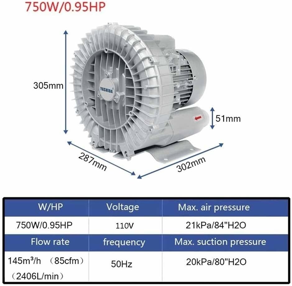 Regenerative Blower Vortex Gas Pump 110V 50Hz Single Phase, Low Noise High-Pressure Industrial Vacuum Pump for Air Blowing Or Suction, 0.47HP 0.5HP 0.74HP 1.01HP 1.49HP(750W/1.01HP)