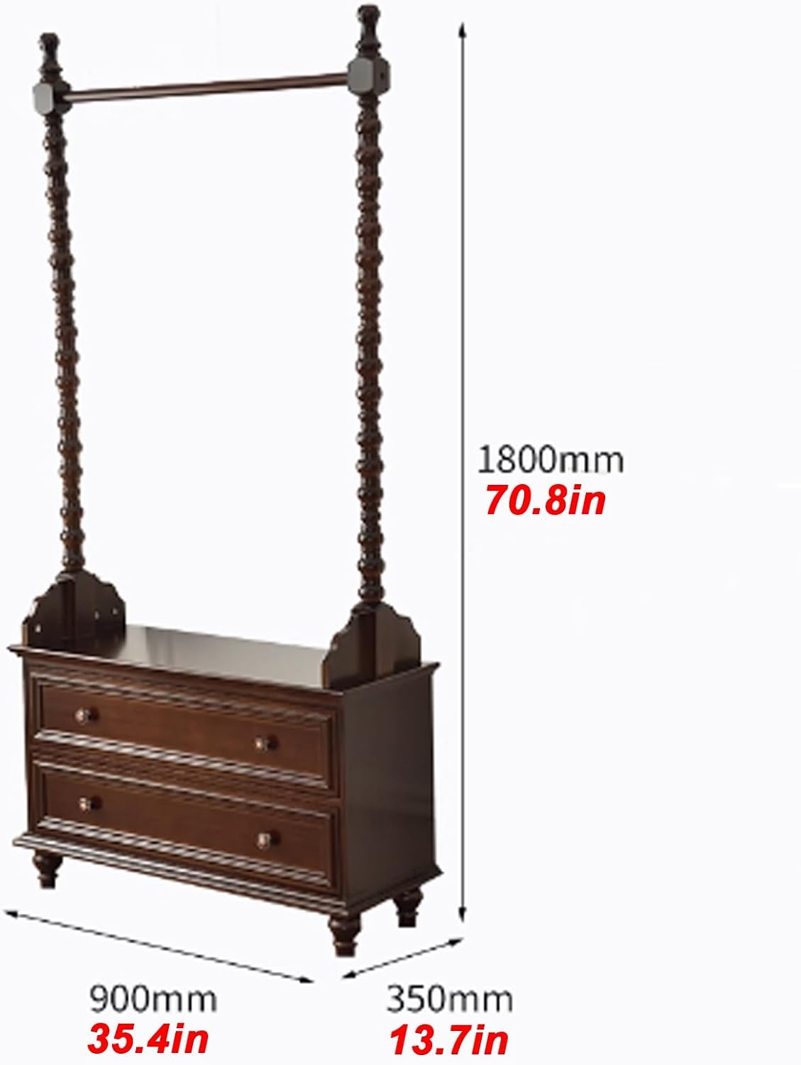 Chinese Clothes Rack, Solid Wood Clothing Rack with 2-Tier Bedside Table, Freestanding Garment Rack, Large Capacity Coat Rack for Hanging Clothes, Coats, Shirts