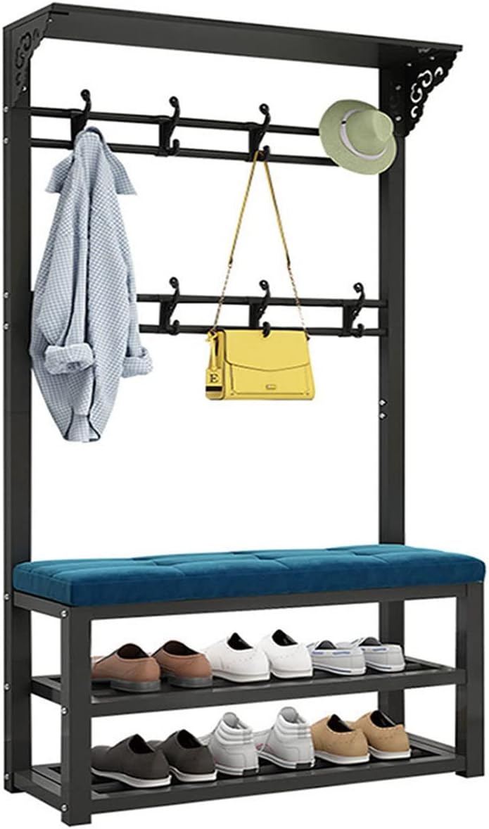 Coat Rack Stand, Hall Tree with 2 Shoe Shelf and Bench Freestanding Garment Rack with 8 Hooks for Bedroom Living Room Entryway/Black/100 * 30 * 172Cm
