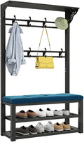 Coat Rack Stand, Hall Tree with 2 Shoe Shelf and Bench Freestanding Garment Rack with 8 Hooks for Bedroom Living Room Entryway/Black/100 * 30 * 172Cm