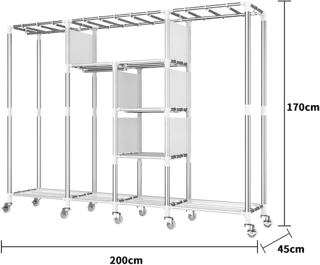 Extra Large Wardrobe Closet With Wheels Heavy Duty Metal Garment Rack Free-Standing Rolling Clothes Rack With Cover For Bedroom (Color : A, Size : 200x45x170cm)