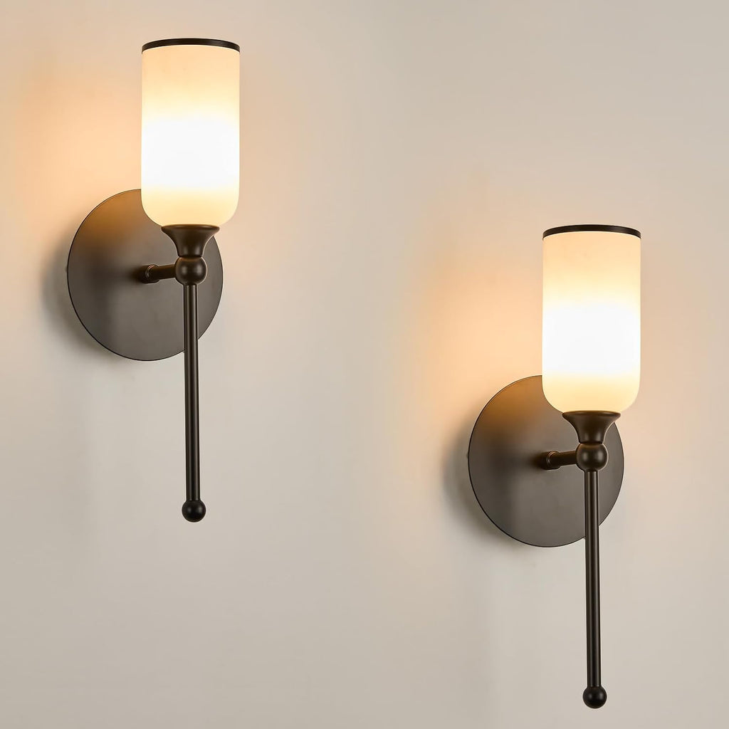 Alabaster Wall Sconce Set of Two, 15.4inch Natural Marble Lampshade Wall Sconce, Hardwired Sconce LED Modern Wall Lamp for Bedroom, Stairs, Living Room, Bedside, Hallway Black